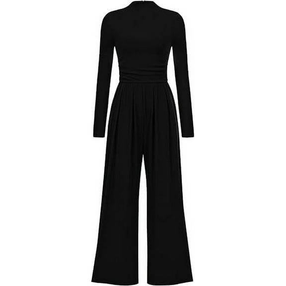 PRETTYGARDEN Womens Jumpsuit Dressy Casual Spring Fall Fashion One Piece Outfits Long Sleeve Mock Neck Wide Leg Pants Rompers