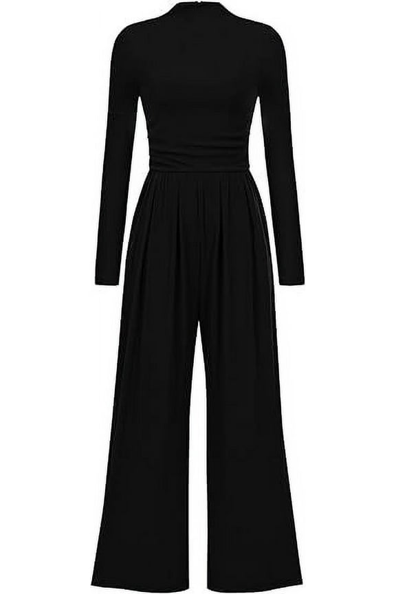 Womens Jumpsuit Dressy Casual Spring Fall Fashion One Piece Outfits Long Sleeve Mock Neck Wide Leg Pants Rompers