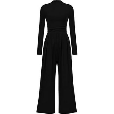 PRETTYGARDEN Womens Jumpsuit Dressy Casual Spring Fall Fashion One Piece Outfits Long Sleeve Mock Neck Wide Leg Pants Rompers