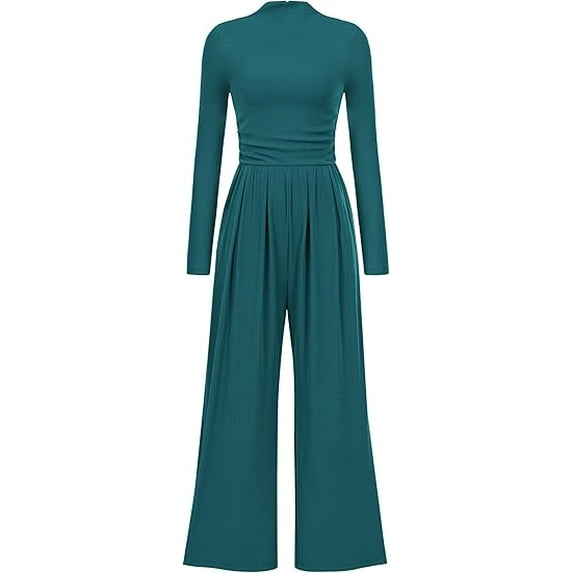 PRETTYGARDEN Womens Jumpsuit Dressy Casual Spring Fall Fashion One Piece Outfits Long Sleeve Mock Neck Wide Leg Pants Rompers