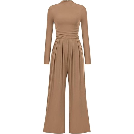 PRETTYGARDEN Womens Jumpsuit Dressy Casual Spring Fall Fashion One Piece Outfits Long Sleeve Mock Neck Wide Leg Pants Rompers