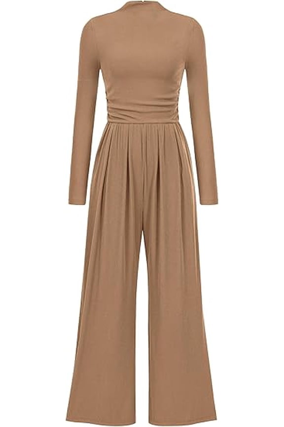 Womens Jumpsuit Dressy Casual Spring Fall Fashion One Piece Outfits Long Sleeve Mock Neck Wide Leg Pants Rompers