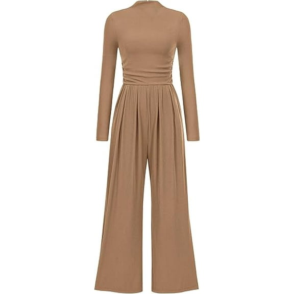 PRETTYGARDEN Womens Jumpsuit Dressy Casual Spring Fall Fashion One Piece Outfits Long Sleeve Mock Neck Wide Leg Pants Rompers