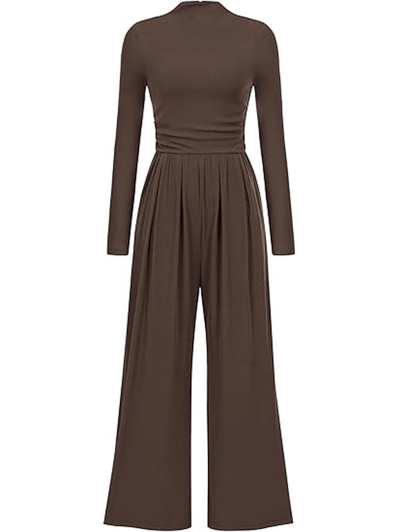 Womens Jumpsuit Dressy Casual Spring Fall Fashion One Piece Outfits Long Sleeve Mock Neck Wide Leg Pants Rompers