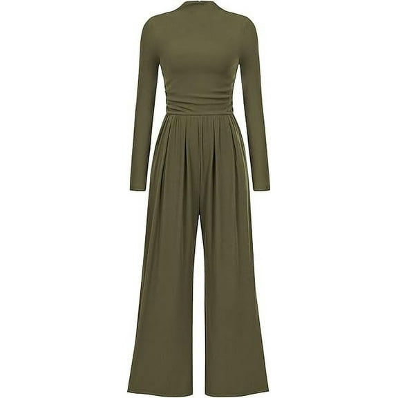 PRETTYGARDEN Womens Jumpsuit Dressy Casual Spring Fall Fashion One Piece Outfits Long Sleeve Mock Neck Wide Leg Pants Rompers