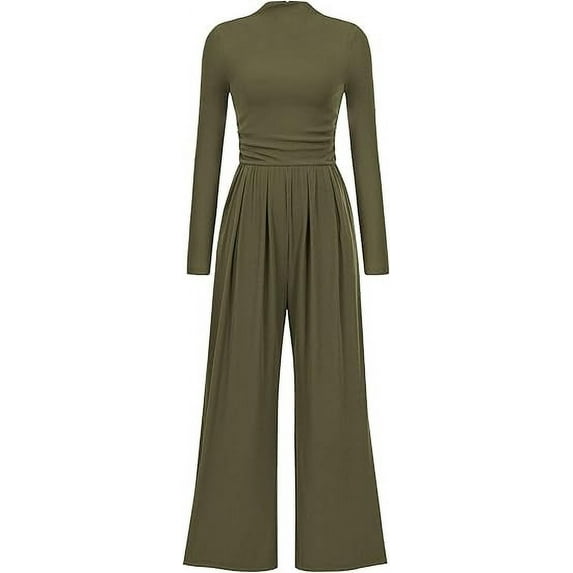 PRETTYGARDEN Womens Jumpsuit Dressy Casual Spring Fall Fashion One Piece Outfits Long Sleeve Mock Neck Wide Leg Pants Rompers