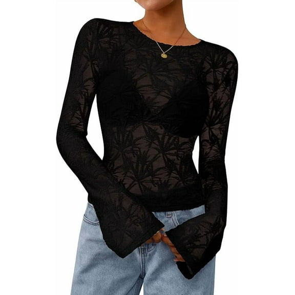 PRETTYGARDEN Womens Lace Long Bell Sleeve Tops Fall Sexy See Through Sheer Floral Blouse Shirt Fitted Going Out Outfits
