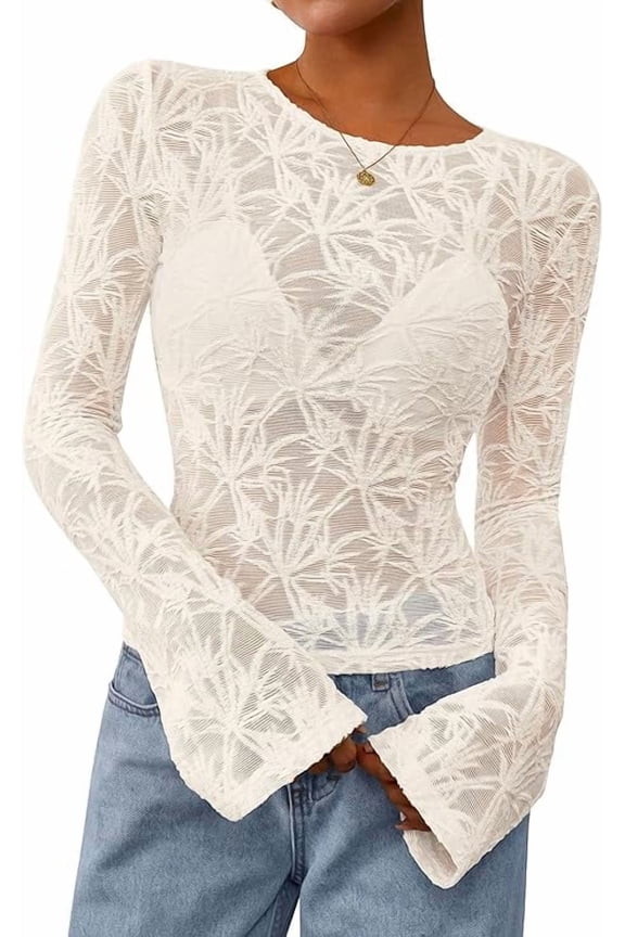 Womens Lace Long Bell Sleeve Tops Fall Sexy See Through Sheer Floral Blouse Shirt Fitted Going Out Outfits