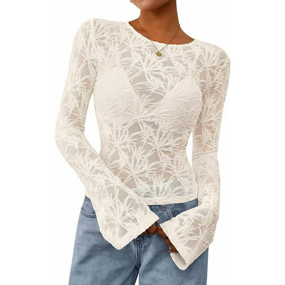 PRETTYGARDEN Womens Lace Long Bell Sleeve Tops Fall Sexy See Through Sheer Floral Blouse Shirt Fitted Going Out Outfits