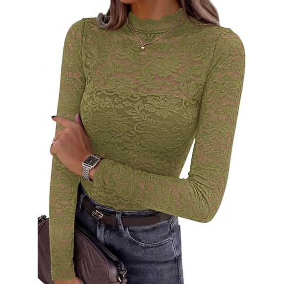 PRETTYGARDEN Womens Lace Long Sleeve Top Mesh Sheer Blouses Mock Neck See Through Slim Fitted Tops Fall Fashion Clothes