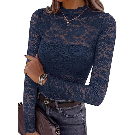 PRETTYGARDEN Womens Lace Long Sleeve Top Mesh Sheer Blouses Mock Neck See Through Slim Fitted Tops Fall Fashion Clothes