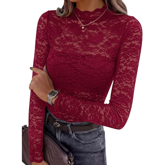 PRETTYGARDEN Womens Lace Long Sleeve Top Mesh Sheer Blouses Mock Neck See Through Slim Fitted Tops Fall Fashion Clothes