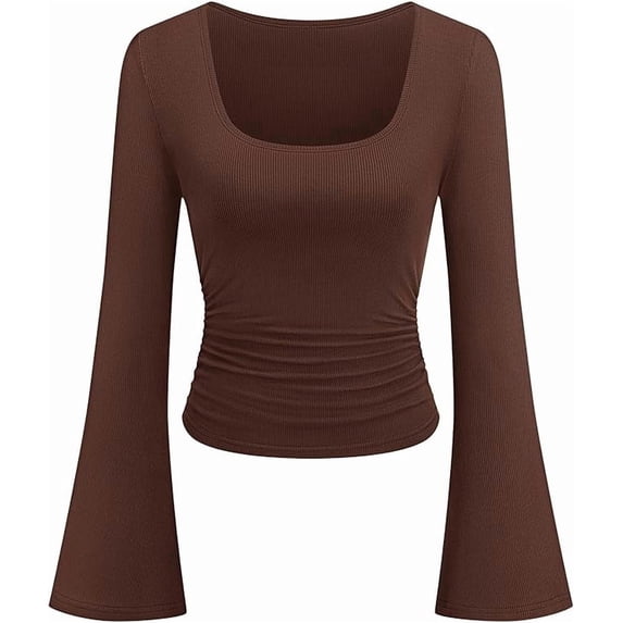 PRETTYGARDEN Womens Long Bell Sleeve Going Out Tops Fall Fashion Square Neck Ruched Ribbed Shirts Winter Y2K Clothes