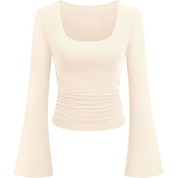 PRETTYGARDEN Womens Long Bell Sleeve Going Out Tops Fall Fashion Square Neck Ruched Ribbed Shirts Winter Y2K Clothes