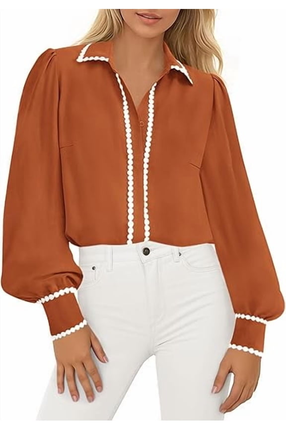 Womens Long Sleeve Button Down Shirts Trendy V Neck Loose Fit Fall Tops Collared Dressy Casual Blouses