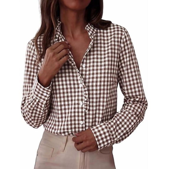 PRETTYGARDEN Womens Long Sleeve Button Down Shirts | Soft Cotton Fabric, Fashion Plaid Shirt, Basic Collared V Neck, Work Business Casual Blouses, Fall Trendy Outfits