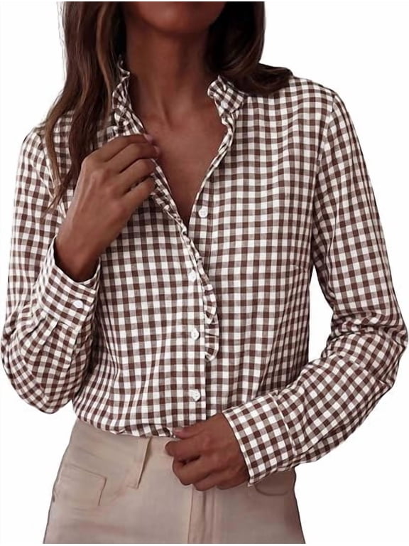 Womens Long Sleeve Button Down Shirts | Soft Cotton Fabric, Fashion Plaid Shirt, Basic Collared V Neck, Work Business Casual Blouses, Fall Trendy Outfits
