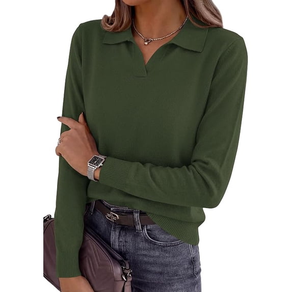 PRETTYGARDEN Womens Long Sleeve Collared Polo Sweater V Neck Knit Ribbed Business Casual Pullover Sweaters Fall Outfits