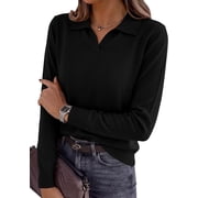 PRETTYGARDEN Womens Long Sleeve Collared Polo Sweater V Neck Knit Ribbed Business Casual Pullover Sweaters Fall Outfits