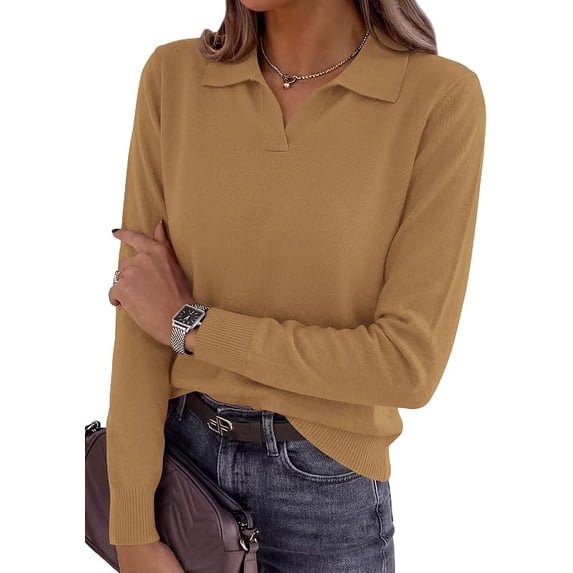 PRETTYGARDEN Womens Long Sleeve Collared Polo Sweater V Neck Knit Ribbed Business Casual Pullover Sweaters Fall Outfits