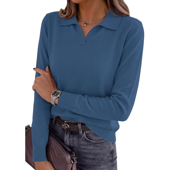 PRETTYGARDEN Womens Long Sleeve Collared Polo Sweater V Neck Knit Ribbed Business Casual Pullover Sweaters Fall Outfits