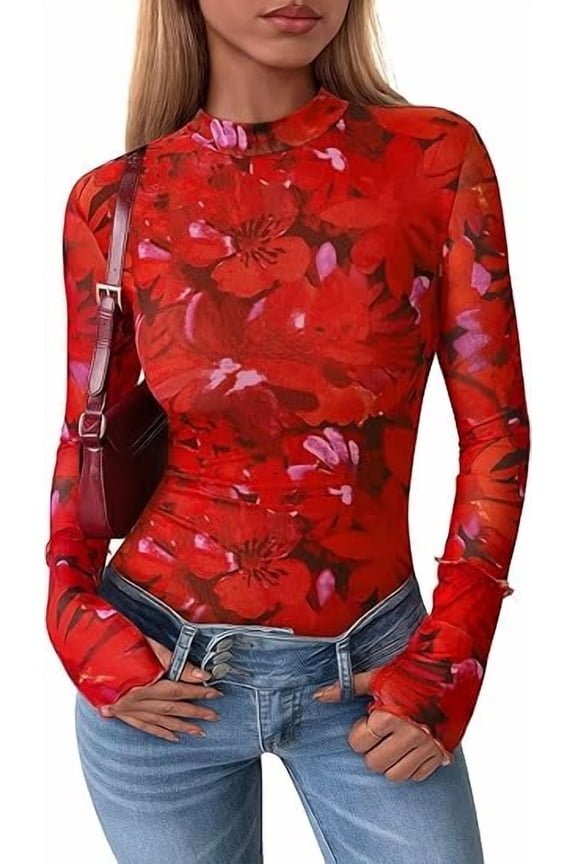 Womens Long Sleeve Going Out Tops Fall Mesh Floral Blouses Slim Fitted Shirts Date Night Outfits
