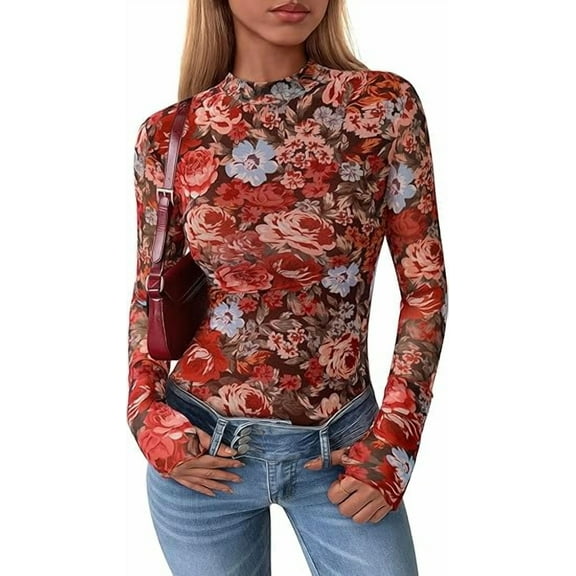 PRETTYGARDEN Womens Long Sleeve Going Out Tops Fall Mesh Floral Blouses Slim Fitted Shirts Date Night Outfits