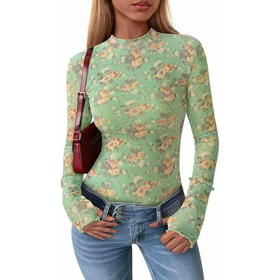 PRETTYGARDEN Womens Long Sleeve Going Out Tops Fall Mesh Floral Blouses Slim Fitted Shirts Date Night Outfits