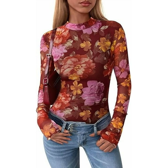 PRETTYGARDEN Womens Long Sleeve Going Out Tops Fall Mesh Floral Blouses Slim Fitted Shirts Date Night Outfits