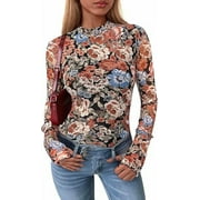 PRETTYGARDEN Womens Long Sleeve Going Out Tops Fall Mesh Floral Blouses Slim Fitted Shirts Date Night Outfits