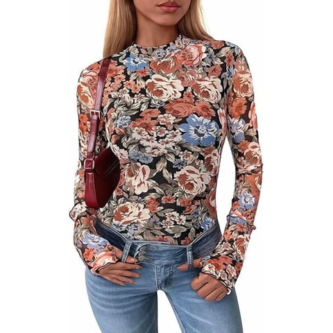 Womens Long Sleeve Going Out Tops Fall Mesh Floral Blouses Slim Fitted Shirts Date Night Outfits