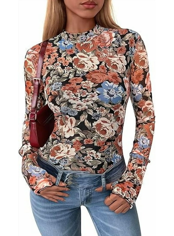 Womens Long Sleeve Going Out Tops Fall Mesh Floral Blouses Slim Fitted Shirts Date Night Outfits