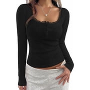 PRETTYGARDEN Womens Long Sleeve Henley Shirts Going Out Tops Lace Trim Square Neck, Slim Fitted Basic Tees, Soft Comfy Jacquard Fabric, Casual Wear, Fall Outfits, Y2K Fashion Clothing