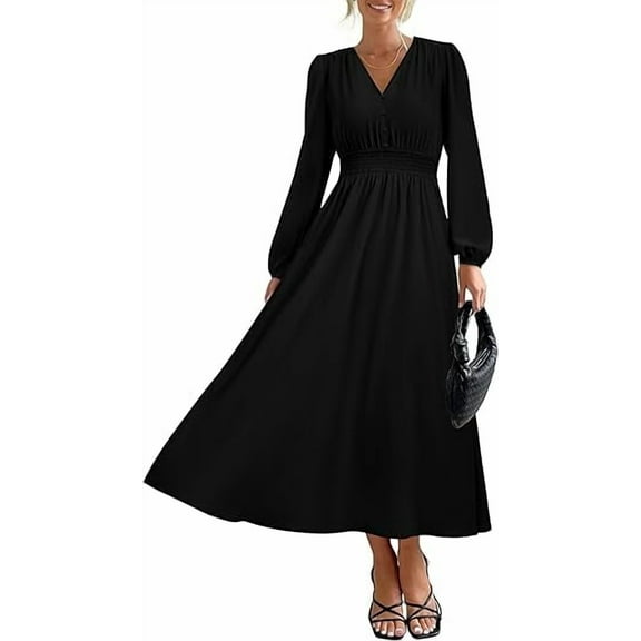 PRETTYGARDEN Womens Long Sleeve Maxi Dress Fall Trendy Elegant V Neck Flowy Wedding Guest Holiday Formal Long Dresses