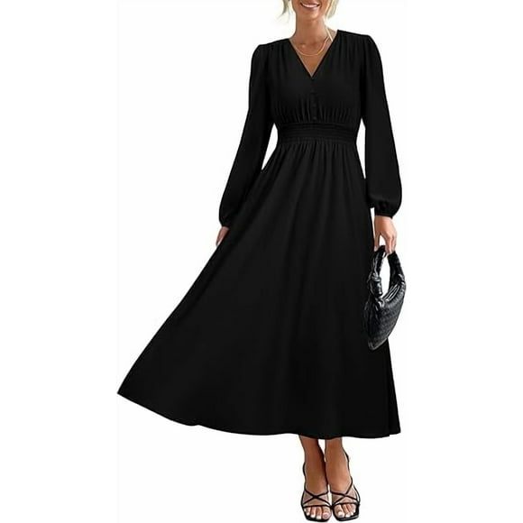 Womens Long Sleeve Maxi Dress Fall Trendy Elegant V Neck Flowy Wedding Guest Holiday Formal Long Dresses