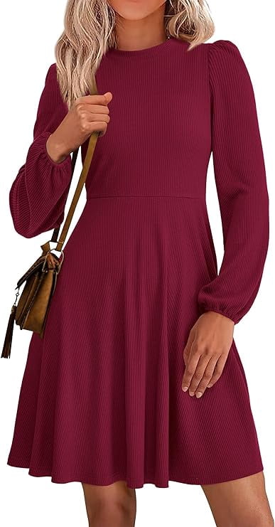 pretty dresses casual PRETTYGARDEN Womens Long Sleeve Mini Dress Fall Crewneck Ribbed Knit Soft A Line Flowy Short with Pockets Beach Color:Dark Mint Miami Sample Sale Modified A Line Wedding