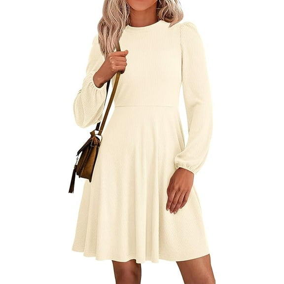 PRETTYGARDEN Womens Long Sleeve Mini Dress Fall Crewneck Ribbed Knit Soft A Line Flowy Casual Short Dresses with Pockets