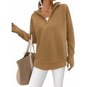 PRETTYGARDEN Womens Long Sleeve Quarter Zip Pullover Sweater Casual Loose V Neck Collared Ribbed Knit Jumper Tops Thumb Hole
