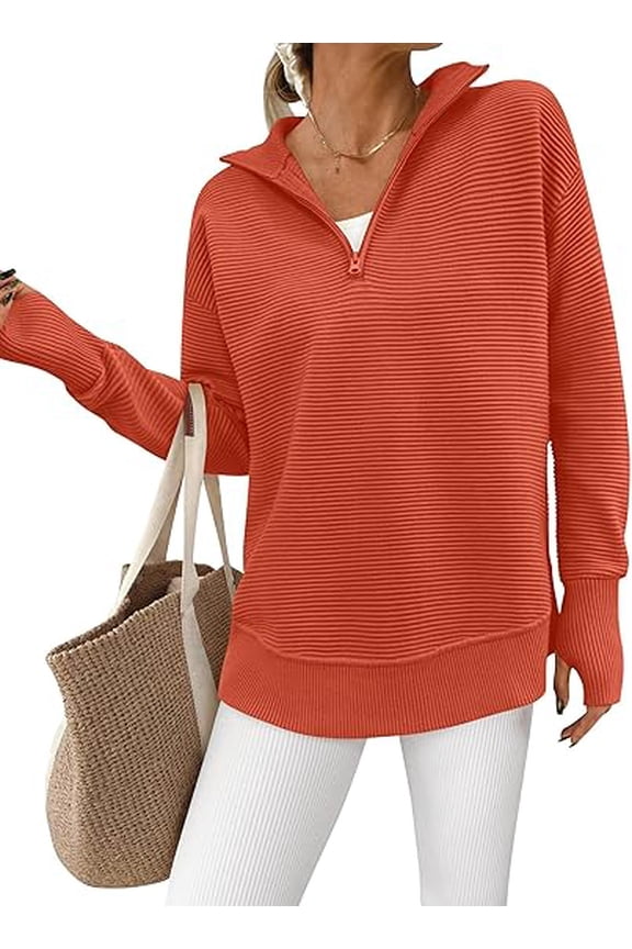 Womens Long Sleeve Quarter Zip Pullover Sweater Casual Loose V Neck Collared Ribbed Knit Jumper Tops Thumb Hole