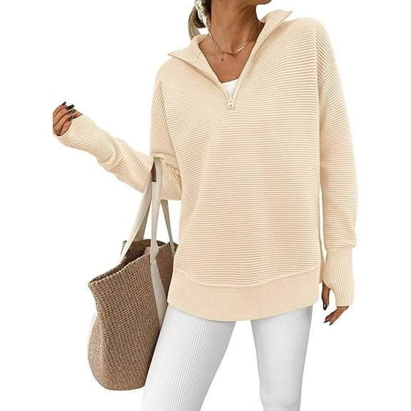 PRETTYGARDEN Womens Long Sleeve Quarter Zip Pullover Sweater Casual Loose V Neck Collared Ribbed Knit Jumper Tops Thumb Hole