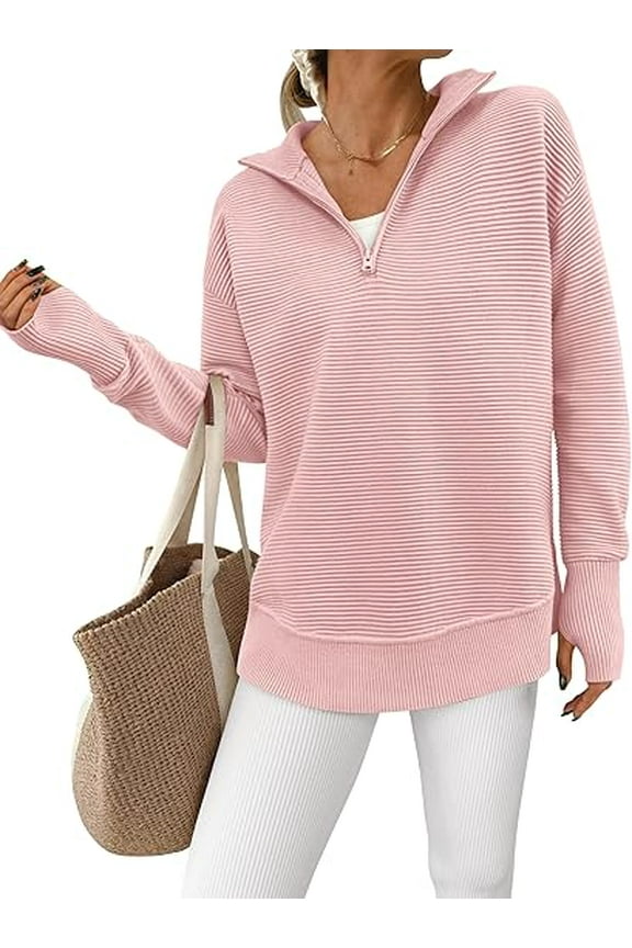 Womens Long Sleeve Quarter Zip Pullover Sweater Casual Loose V Neck Collared Ribbed Knit Jumper Tops Thumb Hole