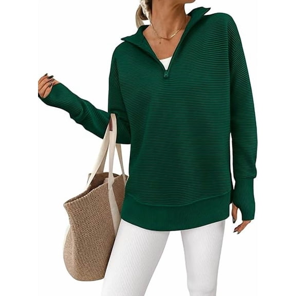 PRETTYGARDEN Womens Long Sleeve Quarter Zip Pullover Sweater Casual Loose V Neck Collared Ribbed Knit Jumper Tops Thumb Hole