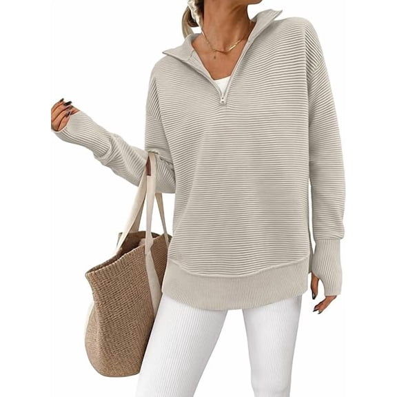 PRETTYGARDEN Womens Long Sleeve Quarter Zip Pullover Sweater Casual Loose V Neck Collared Ribbed Knit Jumper Tops Thumb Hole
