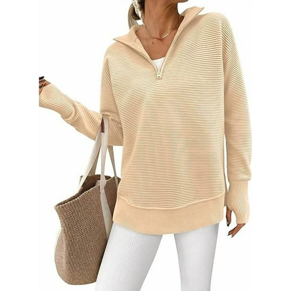 PRETTYGARDEN Womens Long Sleeve Quarter Zip Pullover Sweater Casual Loose V Neck Collared Ribbed Knit Jumper Tops Thumb Hole