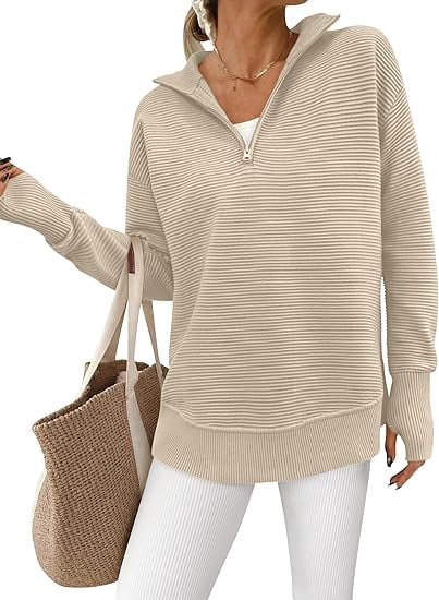 ANRABESS Women's Long Sleeve Quarter Zip Sweater | Loose V-Neck Ribbed Knit Pullover With Thumb Holes