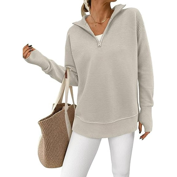 PRETTYGARDEN Womens Long Sleeve Quarter Zip Pullover Sweater Casual Loose V Neck Collared Ribbed Knit Jumper Tops Thumb Hole