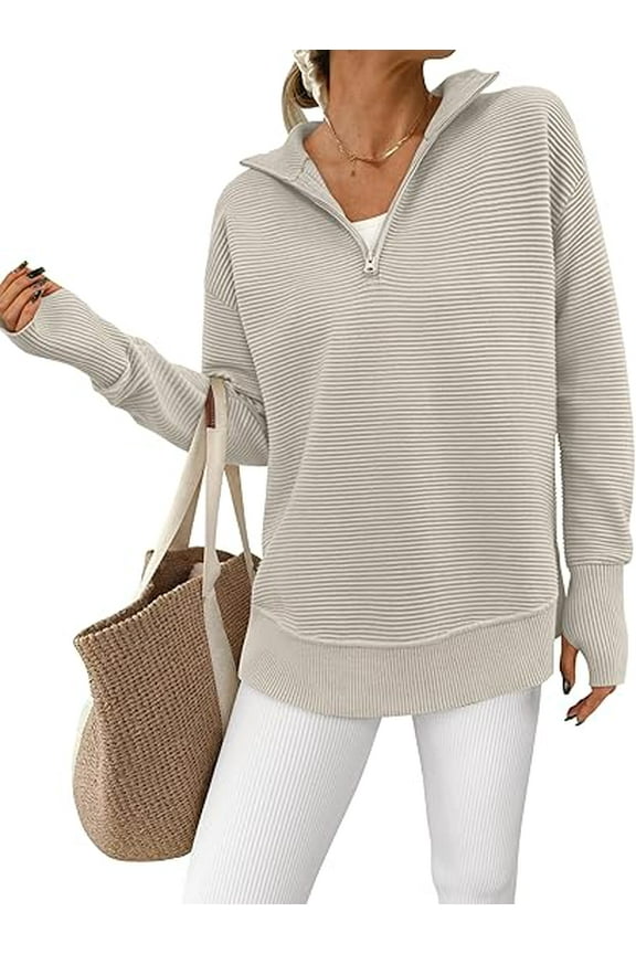 Womens Long Sleeve Quarter Zip Pullover Sweater Casual Loose V Neck Collared Ribbed Knit Jumper Tops Thumb Hole