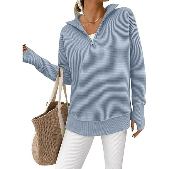 PRETTYGARDEN Womens Long Sleeve Quarter Zip Pullover Sweater Casual Loose V Neck Collared Ribbed Knit Jumper Tops Thumb Hole