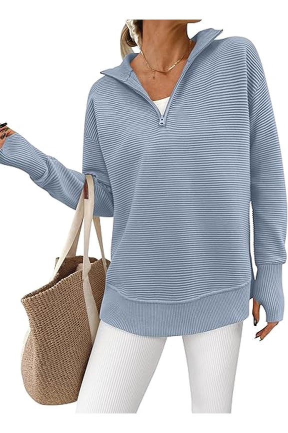 Womens Long Sleeve Quarter Zip Pullover Sweater Casual Loose V Neck Collared Ribbed Knit Jumper Tops Thumb Hole