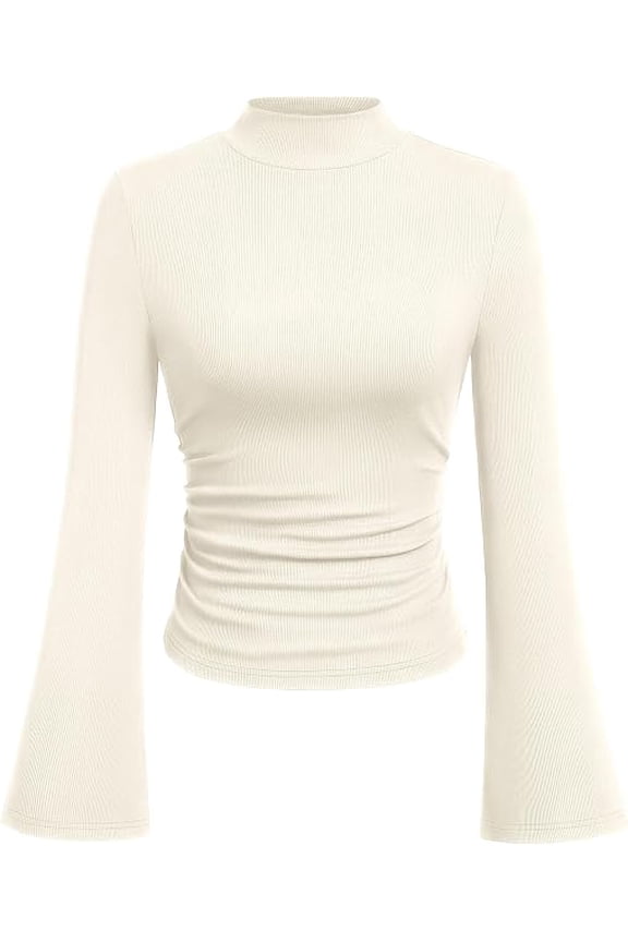 Womens Long Sleeve Shirts Fall Bell Sleeve Mock Turtleneck Ribbed Going Out Tops Casual Ruched Y2K Clothes